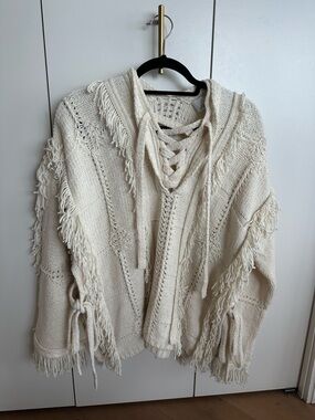 3.1 Phillip Lim Ivory Fringe Lace-Up Boho V-Neck Sweater Poncho